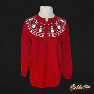 Brand Unknown Red holiday sweater with cute snowmen along the collar bone.